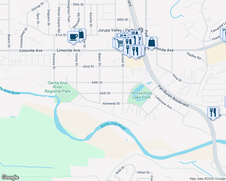 map of restaurants, bars, coffee shops, grocery stores, and more near 9001 65th Street in Riverside