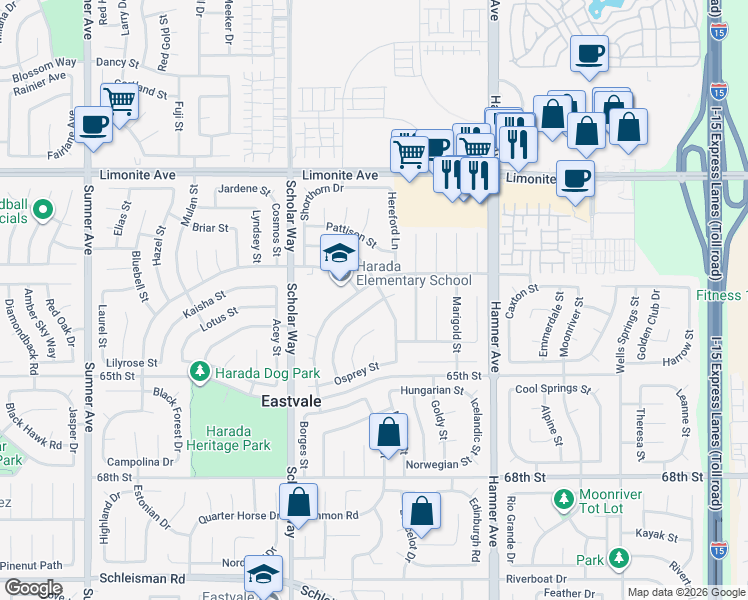 map of restaurants, bars, coffee shops, grocery stores, and more near 6473 Gladiola Street in Corona
