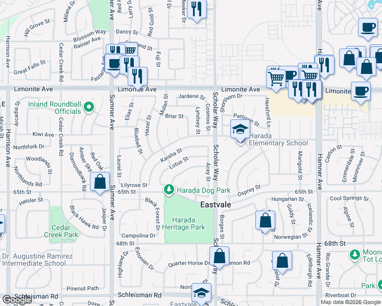map of restaurants, bars, coffee shops, grocery stores, and more near 6372 Lotus Street in Corona