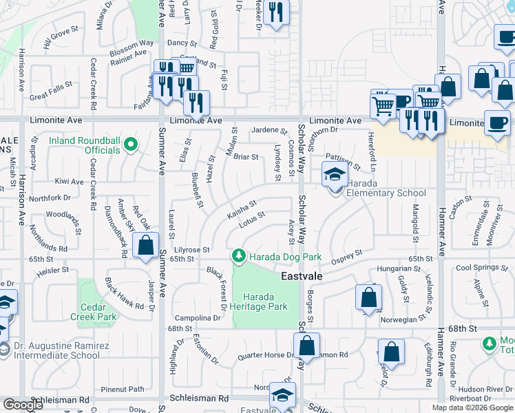 map of restaurants, bars, coffee shops, grocery stores, and more near 6435 Lotus Street in Corona