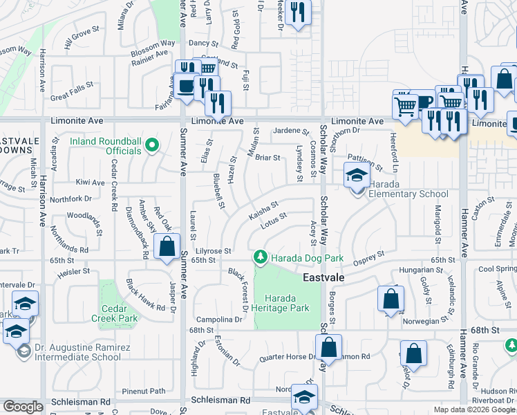map of restaurants, bars, coffee shops, grocery stores, and more near 6504 Kaisha Street in Corona