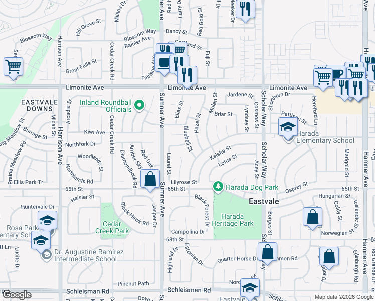map of restaurants, bars, coffee shops, grocery stores, and more near 6458 Bluebell Street in Corona