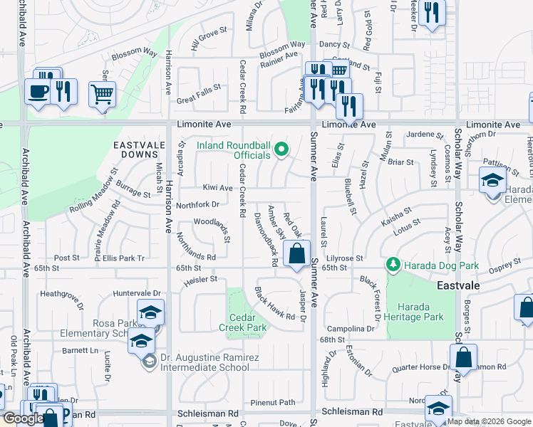 map of restaurants, bars, coffee shops, grocery stores, and more near 6454 Diamondback Road in Corona