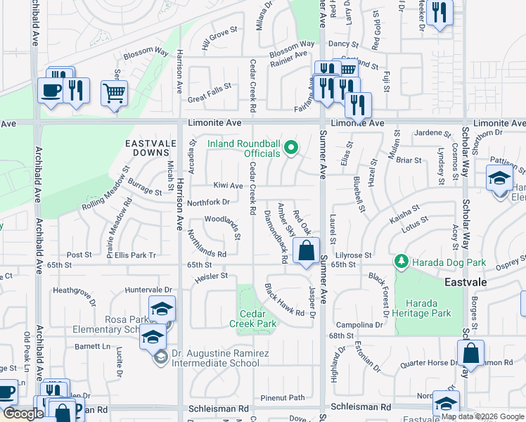 map of restaurants, bars, coffee shops, grocery stores, and more near 6454 Diamondback Road in Corona