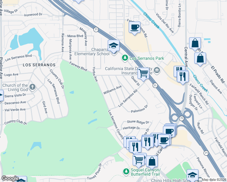 map of restaurants, bars, coffee shops, grocery stores, and more near 15570 Ethel Street in Chino Hills