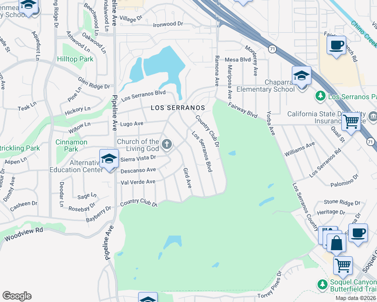 map of restaurants, bars, coffee shops, grocery stores, and more near 4335 Gird Avenue in Chino Hills