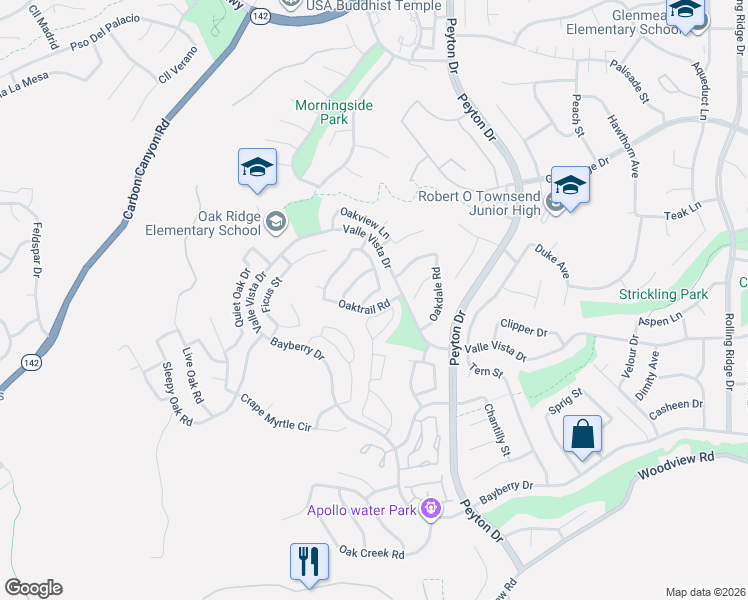 map of restaurants, bars, coffee shops, grocery stores, and more near 3105 Oaktrail Road in Chino Hills