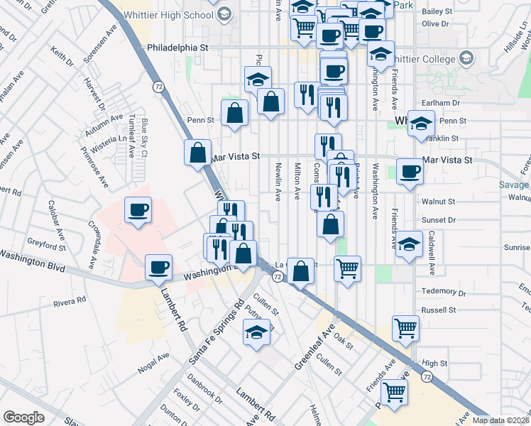 map of restaurants, bars, coffee shops, grocery stores, and more near 7743 1/2 Newlin Avenue in Whittier