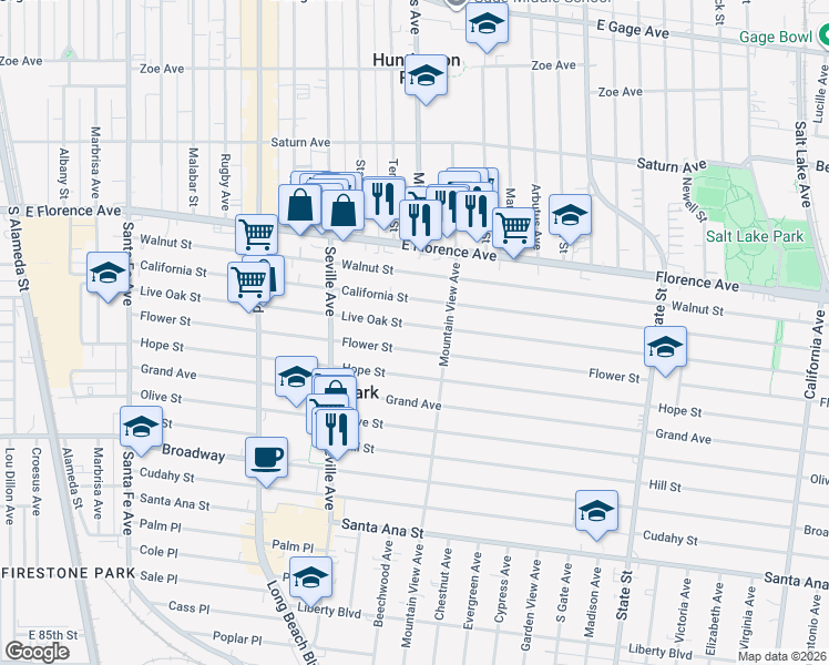 map of restaurants, bars, coffee shops, grocery stores, and more near 2825 Flower Street in Huntington Park