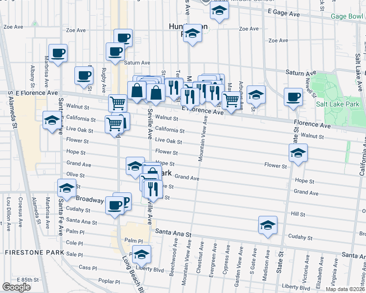 map of restaurants, bars, coffee shops, grocery stores, and more near 2825 Flower Street in Huntington Park