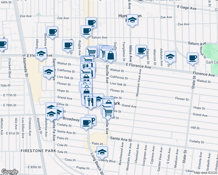 map of restaurants, bars, coffee shops, grocery stores, and more near 7601 Seville Avenue in Huntington Park