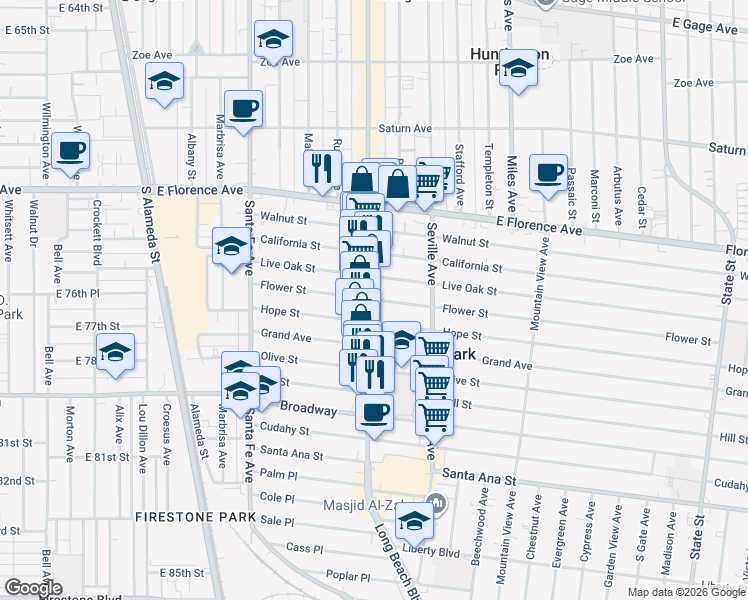 map of restaurants, bars, coffee shops, grocery stores, and more near 7611 Pacific Boulevard in Walnut Park
