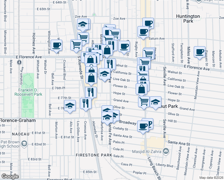 map of restaurants, bars, coffee shops, grocery stores, and more near 2403 Hope Street in Huntington Park