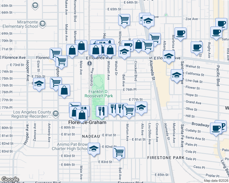 map of restaurants, bars, coffee shops, grocery stores, and more near 7670 Whitsett Avenue in Los Angeles