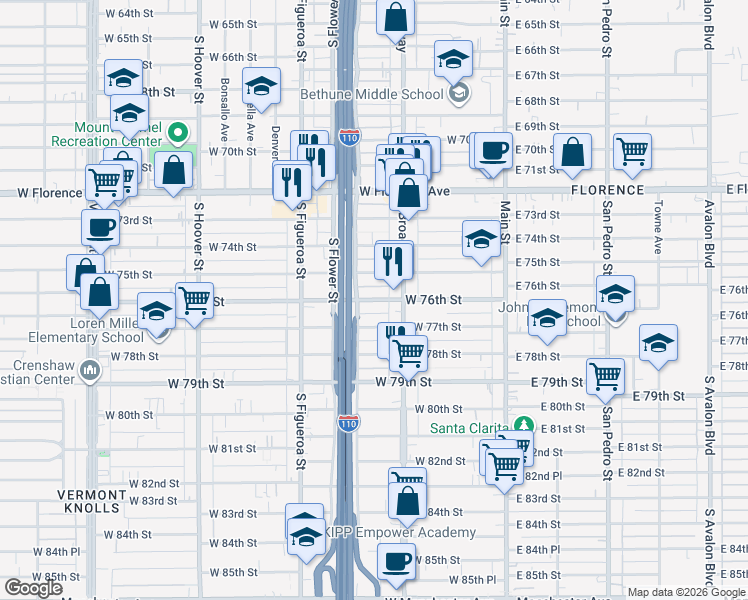 map of restaurants, bars, coffee shops, grocery stores, and more near 326 West 76th Street in Los Angeles