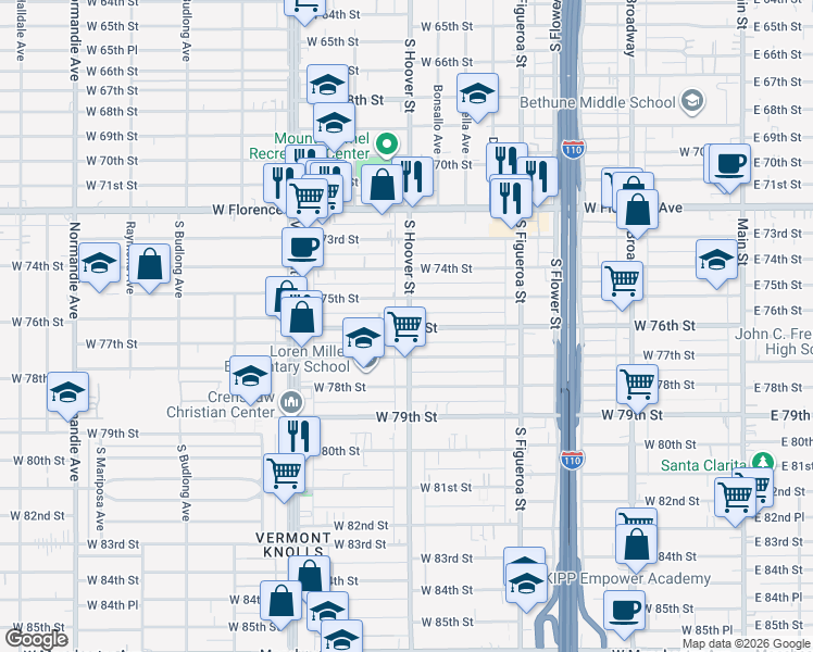 map of restaurants, bars, coffee shops, grocery stores, and more near 7602 South Hoover Street in Los Angeles