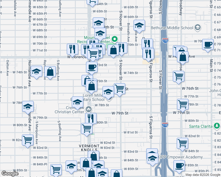 map of restaurants, bars, coffee shops, grocery stores, and more near 838 West 76th Street in Los Angeles