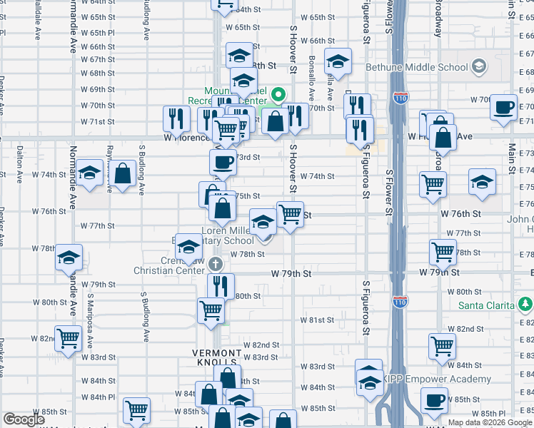 map of restaurants, bars, coffee shops, grocery stores, and more near 838 West 76th Street in Los Angeles