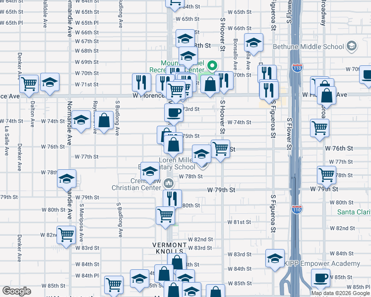 map of restaurants, bars, coffee shops, grocery stores, and more near 920 West 76th Street in Los Angeles