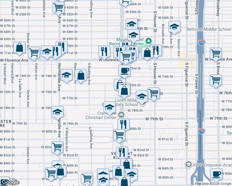 map of restaurants, bars, coffee shops, grocery stores, and more near 1031 West 77th Street in Los Angeles