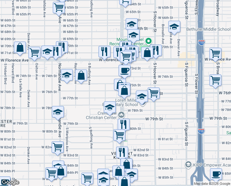 map of restaurants, bars, coffee shops, grocery stores, and more near 1031 West 77th Street in Los Angeles
