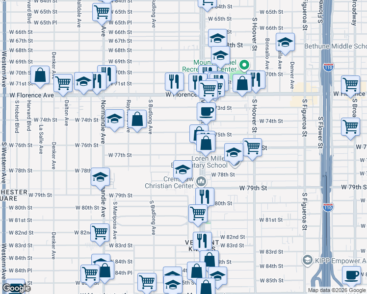 map of restaurants, bars, coffee shops, grocery stores, and more near 1031 West 77th Street in Los Angeles