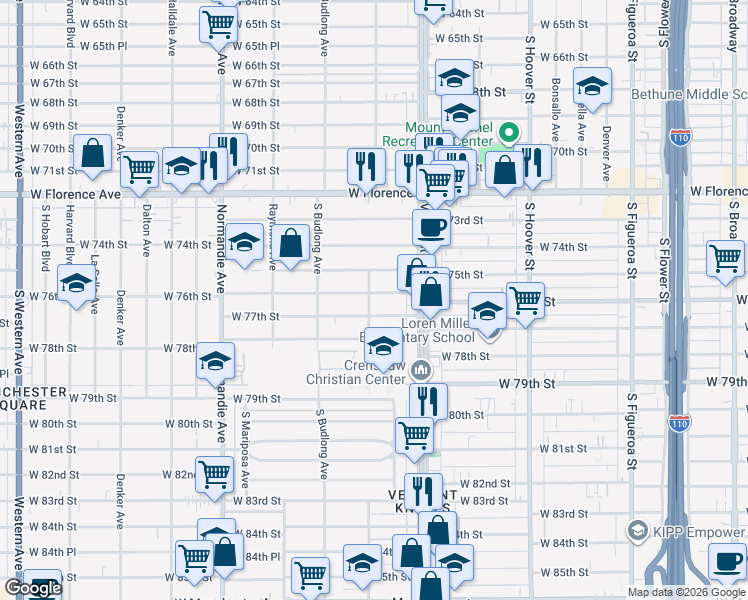 map of restaurants, bars, coffee shops, grocery stores, and more near 1113 West 77th Street in Los Angeles