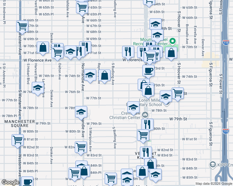 map of restaurants, bars, coffee shops, grocery stores, and more near 1157 West 77th Street in Los Angeles