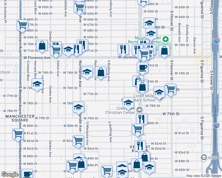 map of restaurants, bars, coffee shops, grocery stores, and more near 1157 West 77th Street in Los Angeles