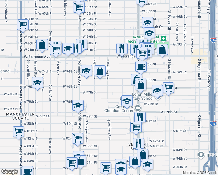 map of restaurants, bars, coffee shops, grocery stores, and more near 1157 West 77th Street in Los Angeles