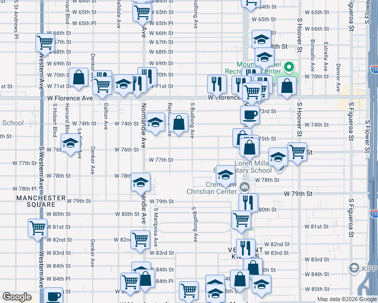 map of restaurants, bars, coffee shops, grocery stores, and more near 1157 West 77th Street in Los Angeles
