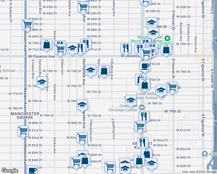 map of restaurants, bars, coffee shops, grocery stores, and more near 1157 West 77th Street in Los Angeles
