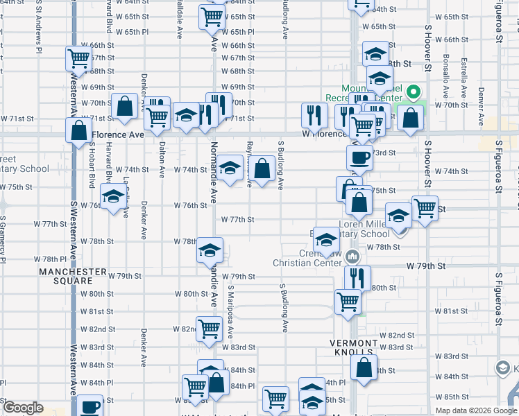 map of restaurants, bars, coffee shops, grocery stores, and more near 1235 West 77th Street in Los Angeles