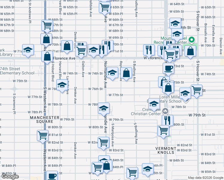 map of restaurants, bars, coffee shops, grocery stores, and more near 1321 West 77th Street in Los Angeles