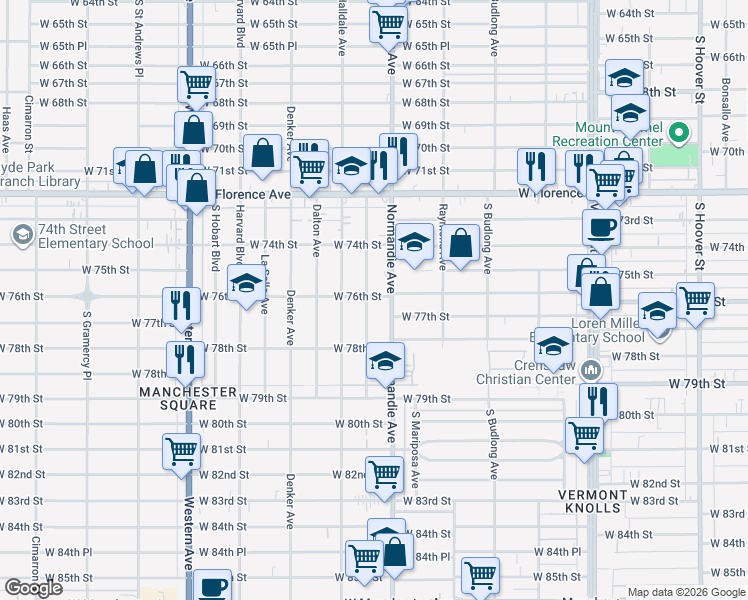 map of restaurants, bars, coffee shops, grocery stores, and more near 7615 Normandie Avenue in Los Angeles