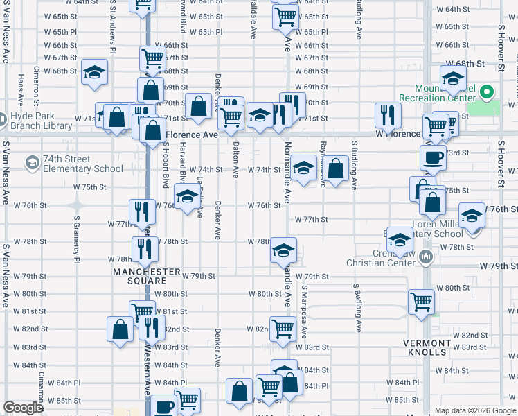 map of restaurants, bars, coffee shops, grocery stores, and more near 7610 South Halldale Avenue in Los Angeles
