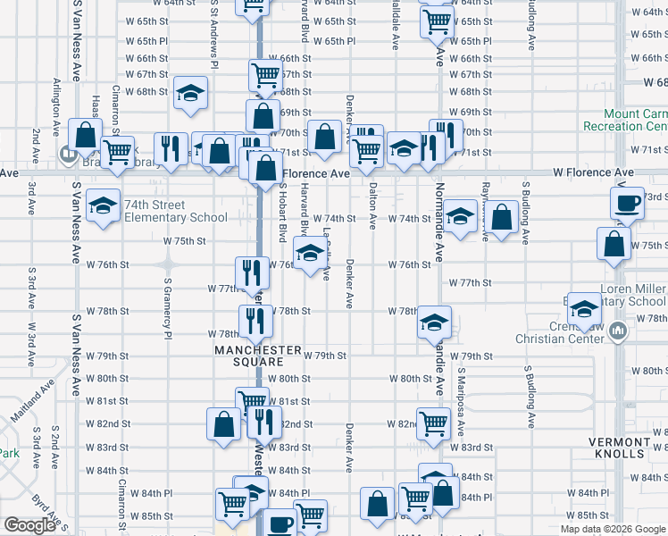 map of restaurants, bars, coffee shops, grocery stores, and more near 7615 South Denker Avenue in Los Angeles