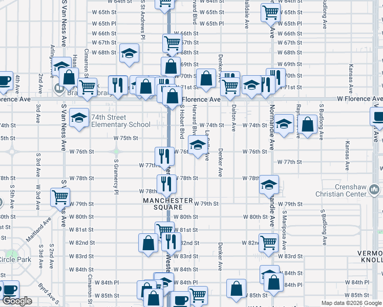 map of restaurants, bars, coffee shops, grocery stores, and more near 7614 Harvard Boulevard in Los Angeles