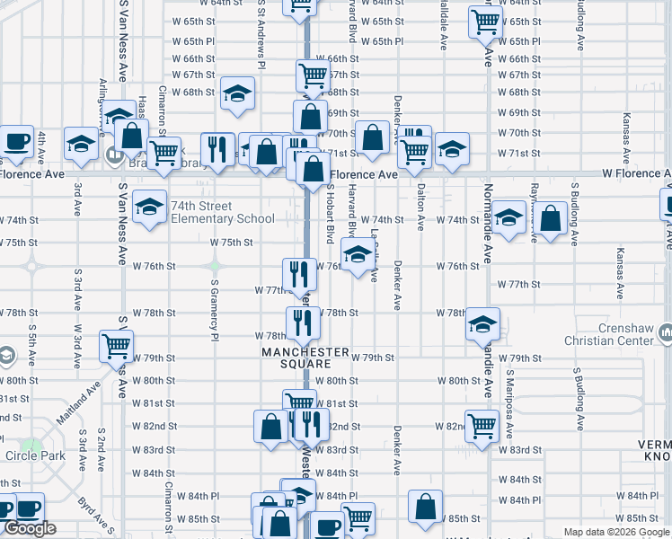map of restaurants, bars, coffee shops, grocery stores, and more near 7611 South Hobart Boulevard in Los Angeles