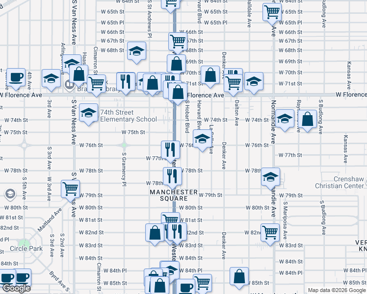 map of restaurants, bars, coffee shops, grocery stores, and more near 7611 South Hobart Boulevard in Los Angeles