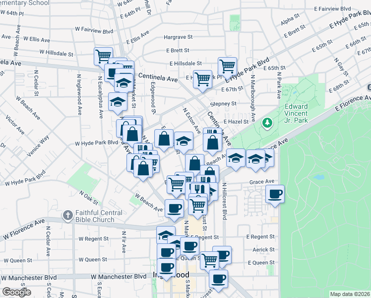 map of restaurants, bars, coffee shops, grocery stores, and more near 323 Warren Lane in Inglewood