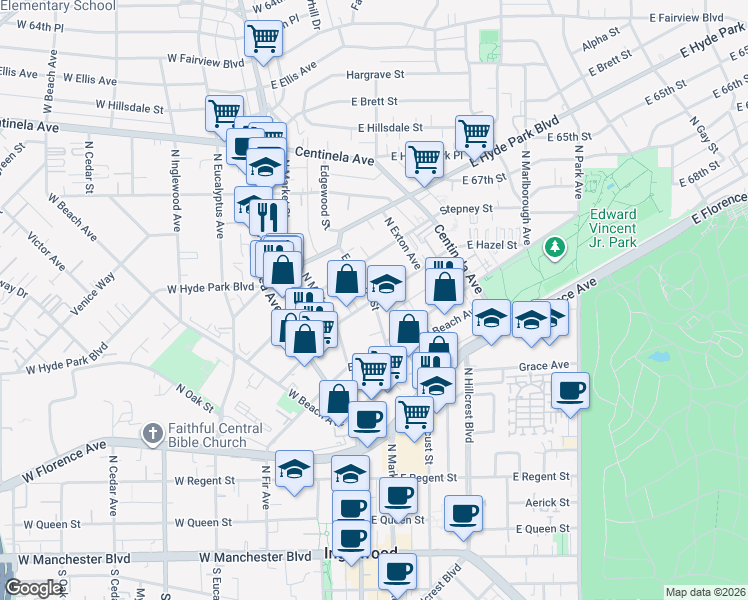 map of restaurants, bars, coffee shops, grocery stores, and more near 230 East Hazel Street in Inglewood