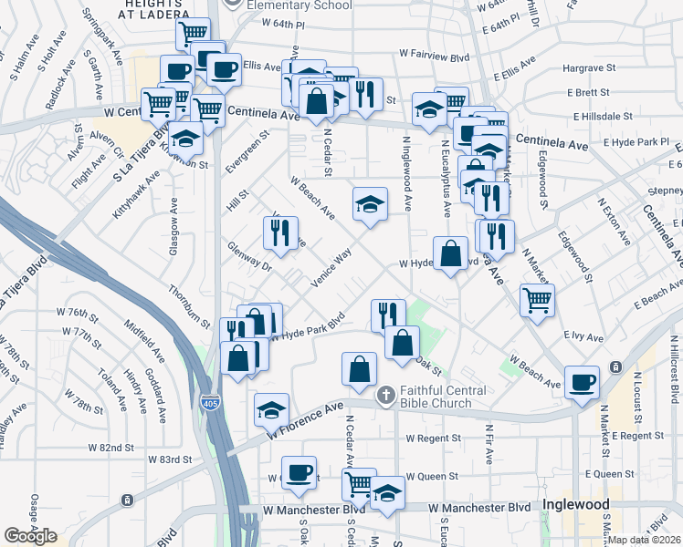 map of restaurants, bars, coffee shops, grocery stores, and more near 604 Venice Way in Inglewood