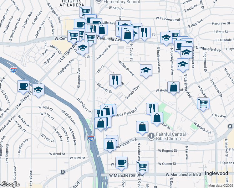 map of restaurants, bars, coffee shops, grocery stores, and more near 815 Glenway Drive in Inglewood