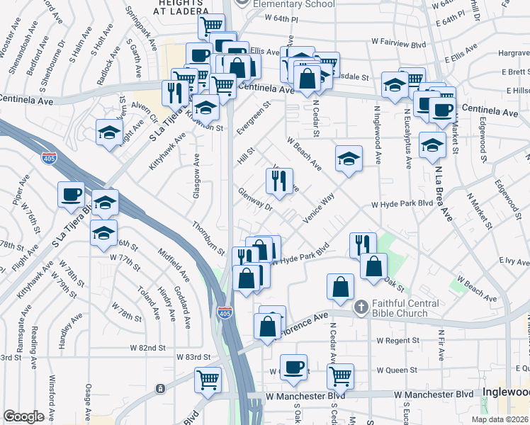 map of restaurants, bars, coffee shops, grocery stores, and more near 710 Cory Drive in Inglewood