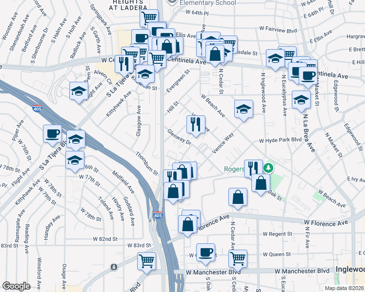 map of restaurants, bars, coffee shops, grocery stores, and more near 710 Cory Drive in Inglewood