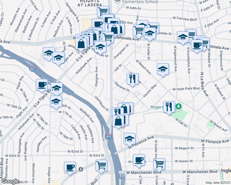 map of restaurants, bars, coffee shops, grocery stores, and more near 815 Flora Drive in Inglewood