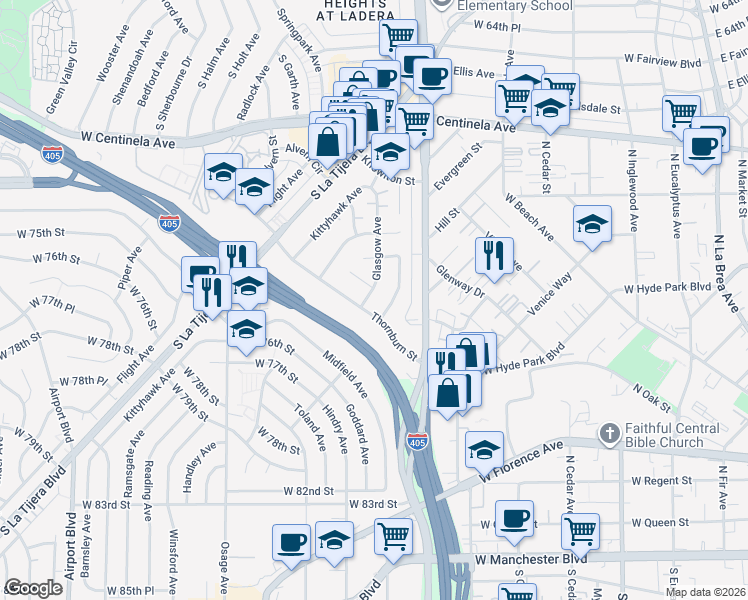 map of restaurants, bars, coffee shops, grocery stores, and more near 5283 Thornburn Street in Los Angeles