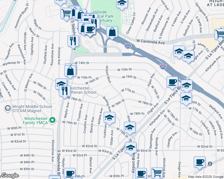 map of restaurants, bars, coffee shops, grocery stores, and more near 6005 Boeing Place in Los Angeles