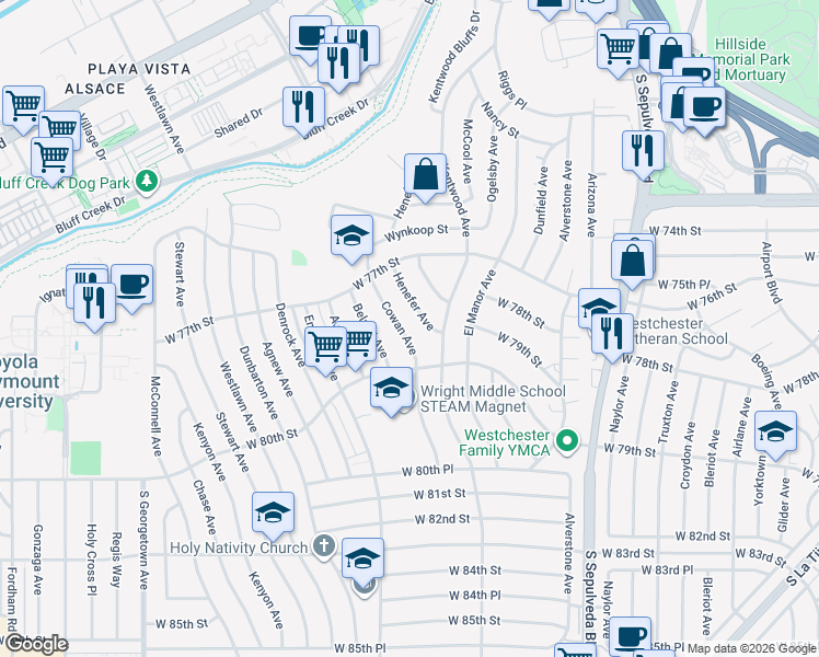 map of restaurants, bars, coffee shops, grocery stores, and more near 7835 Henefer Avenue in Los Angeles